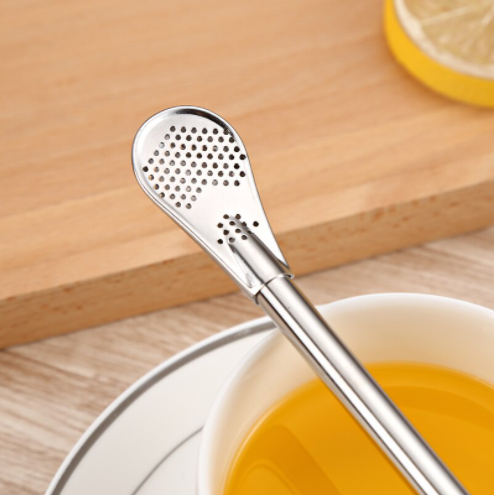 2 in 1💕Stainless Steel Straw Spoon Reusable with Cleaner Brush