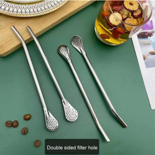 2 in 1💕Stainless Steel Straw Spoon Reusable with Cleaner Brush